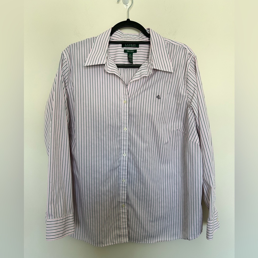 Lauren Ralph Lauren Non Iron Button Shirt Pink Stripe Size 2X 100% Cotton - Picture 1 of 6